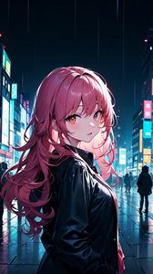 Preview wallpaper girl, cloak, street, city, evening, anime, art