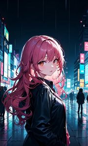 Preview wallpaper girl, cloak, street, city, evening, anime, art