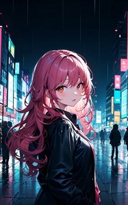 Preview wallpaper girl, cloak, street, city, evening, anime, art
