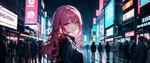 Preview wallpaper girl, cloak, street, city, evening, anime, art