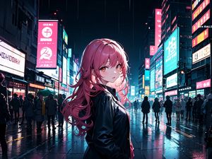 Preview wallpaper girl, cloak, street, city, evening, anime, art