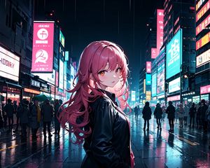 Preview wallpaper girl, cloak, street, city, evening, anime, art