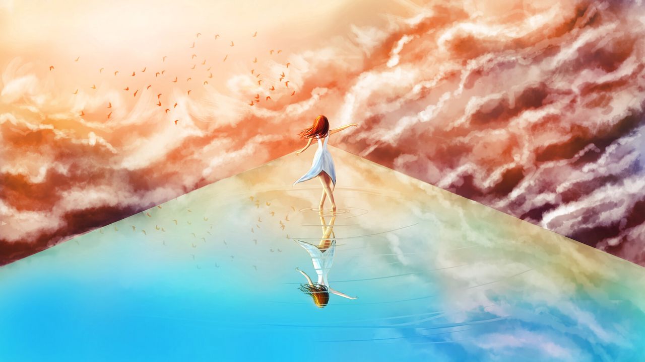 Wallpaper girl, clouds, birds, sky, art
