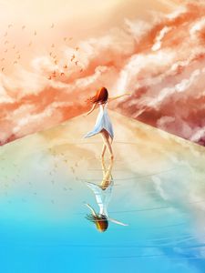 Preview wallpaper girl, clouds, birds, sky, art