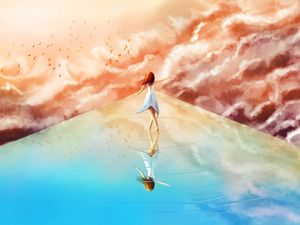 Preview wallpaper girl, clouds, birds, sky, art