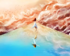 Preview wallpaper girl, clouds, birds, sky, art