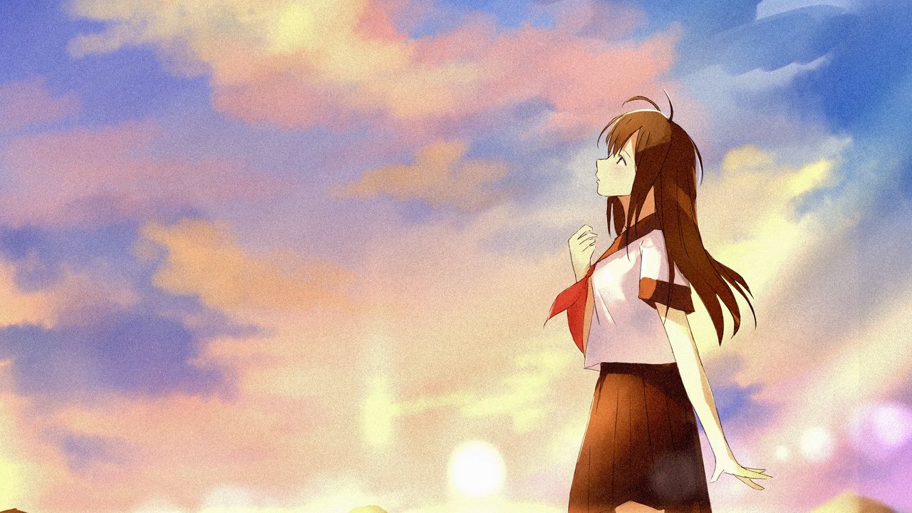Wallpaper girl, coast, clouds, twilight, anime, art