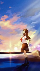 Preview wallpaper girl, coast, clouds, twilight, anime, art