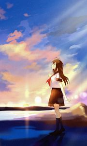 Preview wallpaper girl, coast, clouds, twilight, anime, art