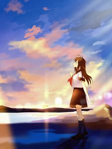 Preview wallpaper girl, coast, clouds, twilight, anime, art