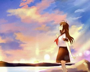 Preview wallpaper girl, coast, clouds, twilight, anime, art