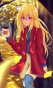 Preview wallpaper girl, coat, cup, drink, autumn, anime