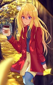 Preview wallpaper girl, coat, cup, drink, autumn, anime