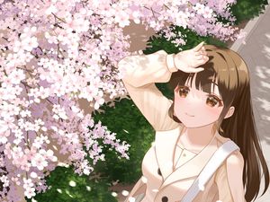 Preview wallpaper girl, coat, sakura, anime, art