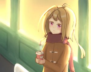 Preview wallpaper girl, coat, scarf, cup, anime