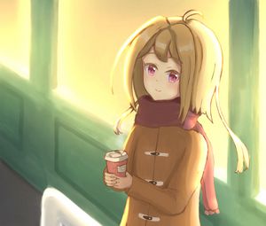 Preview wallpaper girl, coat, scarf, cup, anime