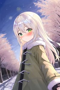 Preview wallpaper girl, coat, snow, anime, winter