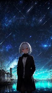 Preview wallpaper girl, coat, stars, night, anime, art