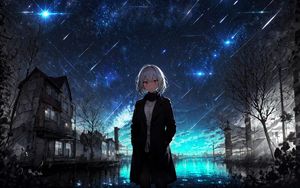 Preview wallpaper girl, coat, stars, night, anime, art