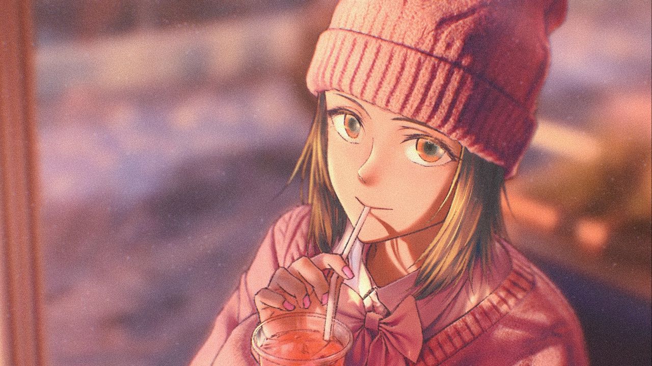 Wallpaper girl, cocktail, anime, glance, cute