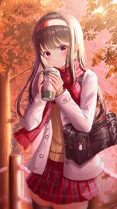 Preview wallpaper girl, coffee, autumn, anime, art