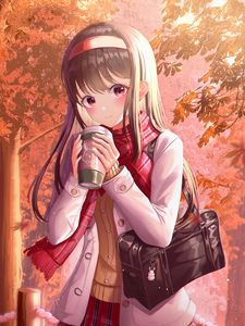 Preview wallpaper girl, coffee, autumn, anime, art