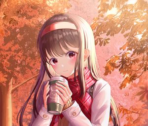 Preview wallpaper girl, coffee, autumn, anime, art