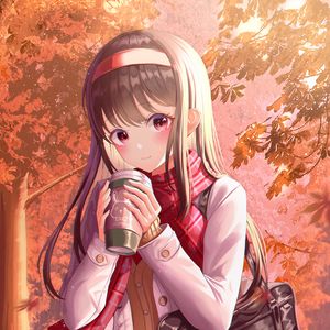 Preview wallpaper girl, coffee, autumn, anime, art
