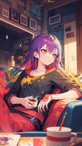 Preview wallpaper girl, coffee, chair, anime, art