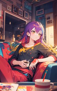 Preview wallpaper girl, coffee, chair, anime, art