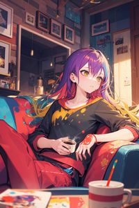 Preview wallpaper girl, coffee, chair, anime, art