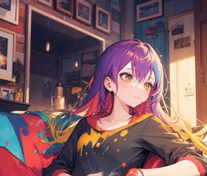 Preview wallpaper girl, coffee, chair, anime, art