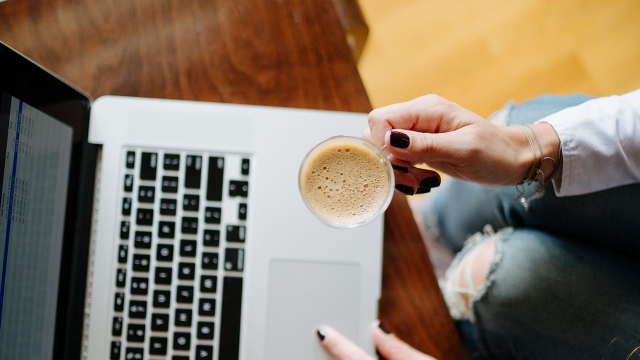 Wallpaper girl, coffee, cup, hands, laptop