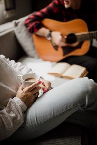 Preview wallpaper girl, coffee, cup, book, break, aesthetics