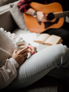 Preview wallpaper girl, coffee, cup, book, break, aesthetics