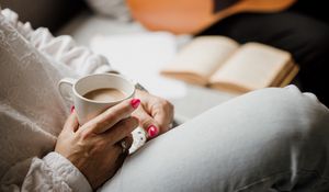 Preview wallpaper girl, coffee, cup, book, break, aesthetics