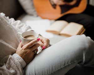 Preview wallpaper girl, coffee, cup, book, break, aesthetics