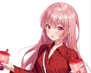 Preview wallpaper girl, coffee, cups, anime