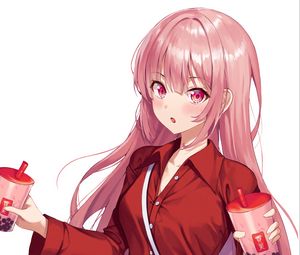 Preview wallpaper girl, coffee, cups, anime