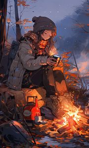 Preview wallpaper girl, coffee, fire, autumn, art, anime