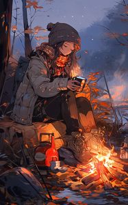 Preview wallpaper girl, coffee, fire, autumn, art, anime