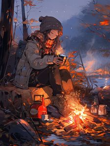 Preview wallpaper girl, coffee, fire, autumn, art, anime