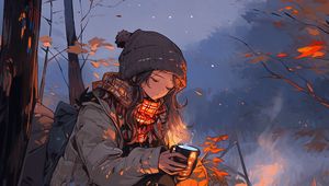 Preview wallpaper girl, coffee, fire, autumn, art, anime