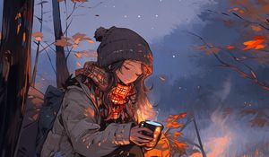 Preview wallpaper girl, coffee, fire, autumn, art, anime