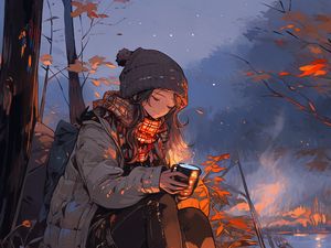 Preview wallpaper girl, coffee, fire, autumn, art, anime