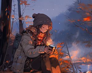 Preview wallpaper girl, coffee, fire, autumn, art, anime