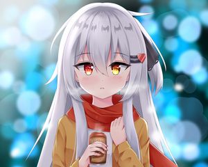 Preview wallpaper girl, coffee, heterochromia, anime, art