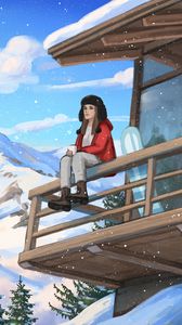 Preview wallpaper girl, coffee, mountains, snow, winter, art