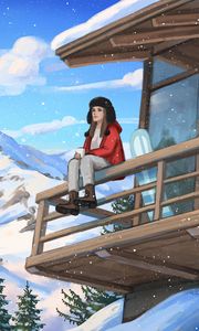 Preview wallpaper girl, coffee, mountains, snow, winter, art