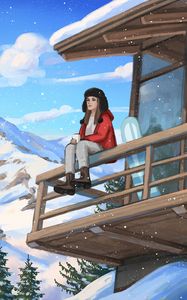 Preview wallpaper girl, coffee, mountains, snow, winter, art